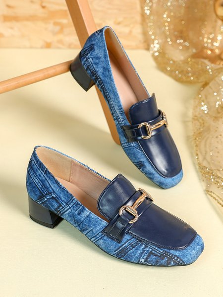 

Fashionable Denim Paneled Color-block Square Toe Loafers, Blue, Loafers