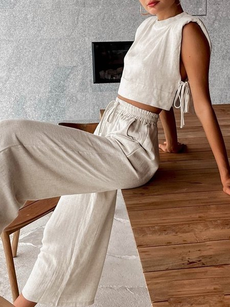 

Casual Plain Loose Two-Piece Set Top With Pants, Apricot, Two-piece Set