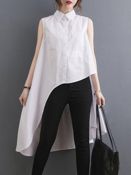 

Shirt Collar Casual Loose Plain Blouse, White, Blouses and Shirts