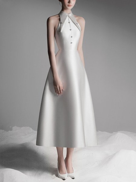

Elegant Shirt Collar Regular Fit Sleeveless Midi Dress, As picture, Midi Dresses