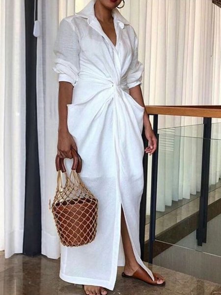 

Loose Shirt Collar Casual Plain Dress With Camisole Dress Inside, White, Maxi Dresses