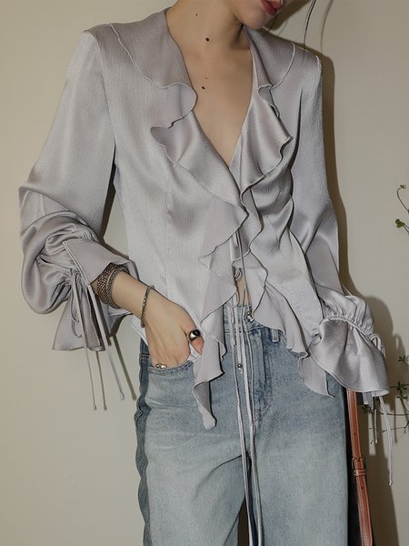 

Daily V Neck Flouncing Casual Satin Blouse, Gray, Blouses and Shirts