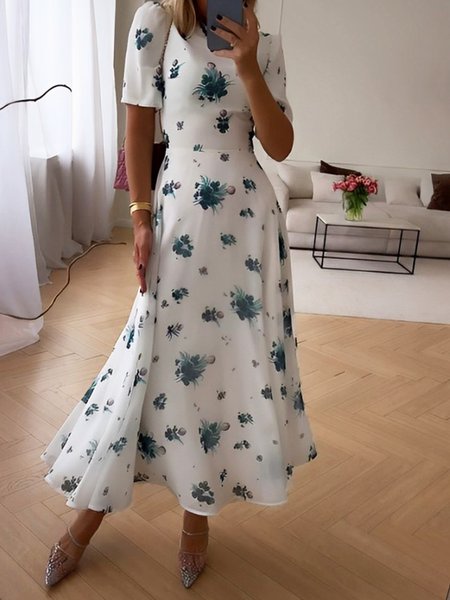 

Floral Crew Neck Vacation Regular Fit Dress, White, Maxi Dresses