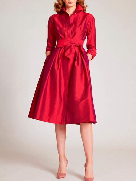 

Shirt Collar Urban Plain Loose Dress With Belt, Red, Midi Dresses