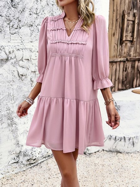 

Women Plain V Neck Half Sleeve Comfy Casual Short Dress, Dusty pink, Dresses