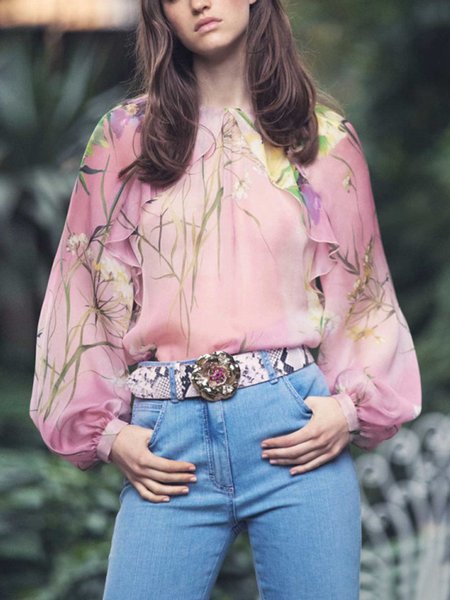 

Long Sleeve Crew Neck Vacation Loose Shirt, As picture, Blouses and Shirts