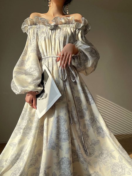 

Daily Elegant Floral Boat Neck Dress With Belt, As picture, Maxi Dresses