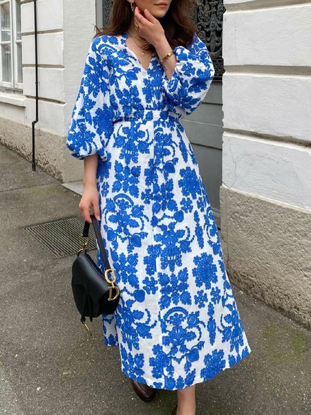 

Vacation V Neck Regular Fit Floral Dress, Blue, Maxi Dresses