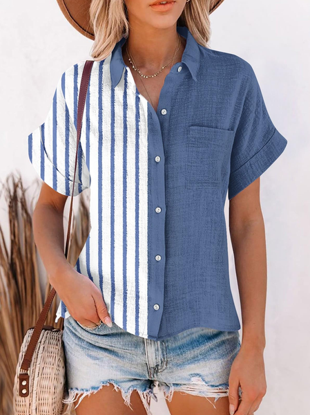 

Shirt Collar Loose Casual Striped Blouse, Blue, Shirts & Blouses