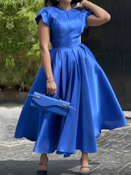 

Elegant Satin Regular Fit Plain Short Sleeve Dress, Blue, Maxi Dresses