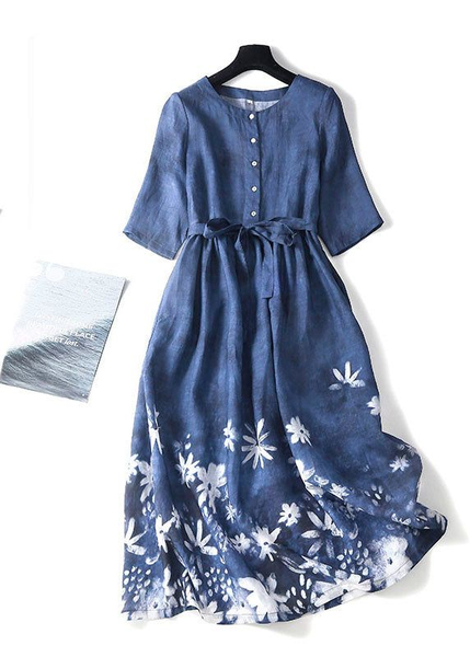 

Crew Neck Loose Vacation Linen Style Dress With Belt, Blue, Maxi Dresses