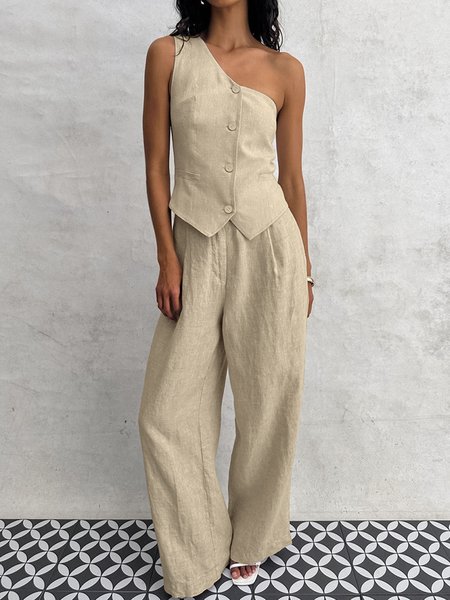 

Daily Casual One Shoulder Two-Piece Set, Khaki, Two-piece Set