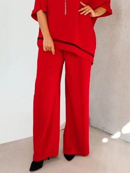 

Regular Size Casual Loose Plain Pants, Red, Pants