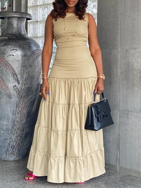 

Casual Crew Neck Plain Tight Dress, Light khaki, Maxi Dresses