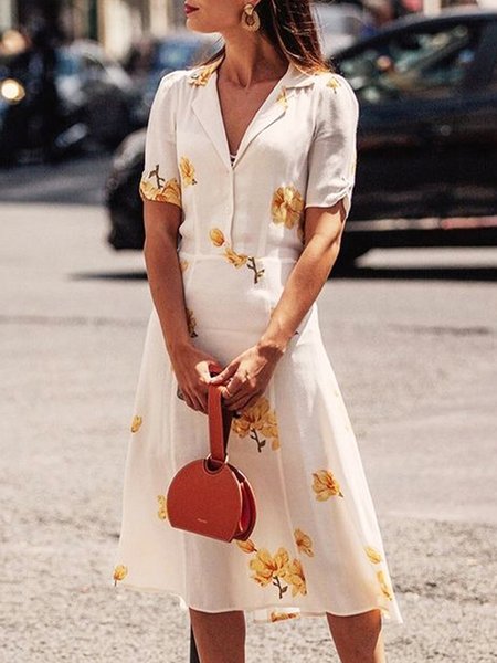 

Vacation Regular Fit Floral Short Sleeve Dress, White, Midi Dresses