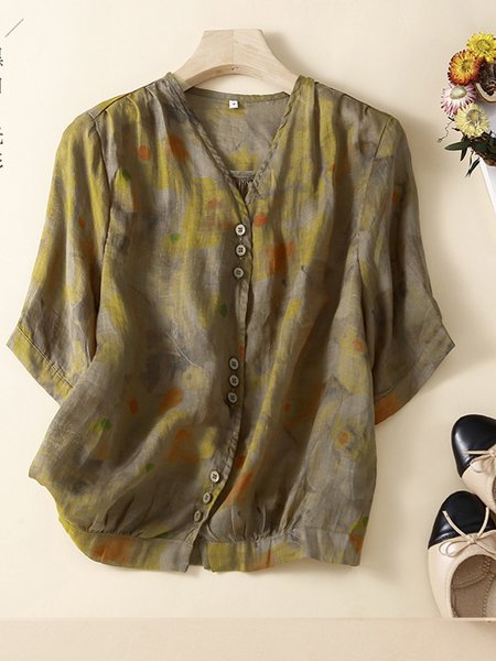 

V Neck Half Sleeve Floral Regular Loose Shirt For Women, Green, Blouses