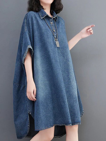 

Women Plain Shirt Collar Half Sleeve Comfy Casual Short Dress, Blue, Dresses