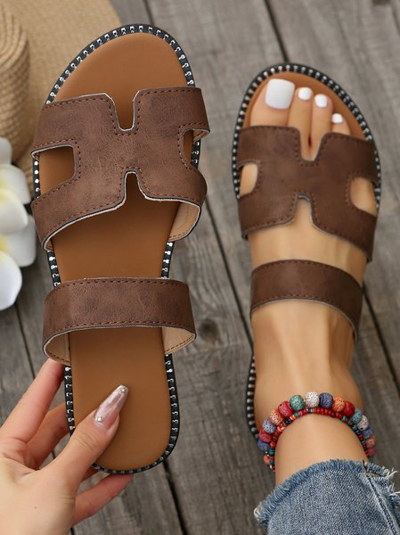 

Summer Casual Plain Pu Slide Sandals, Brown, Sandals & Slippers