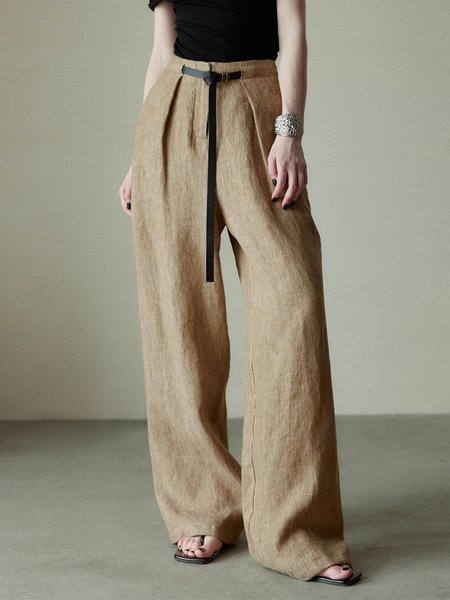 

Long Casual Regular Fit Plain Linen Pants, Light brown, Pants