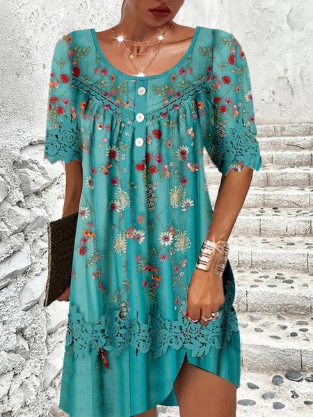 

3D Printing Crew Neck Lace Edge Casual Floral Dress, Green, Dresses