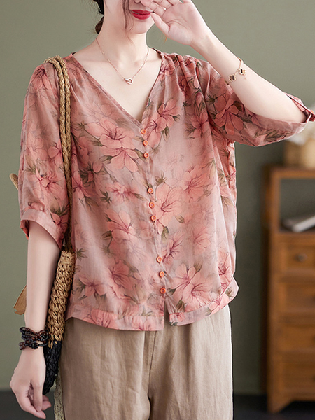 

V Neck Half Sleeve Floral Regular Loose Blouse For Women, Pink, Shirts