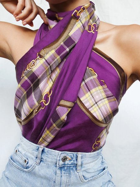 

Regular Fit Vacation Halter Random Print Tank Top, Purple, Tanks and Camis