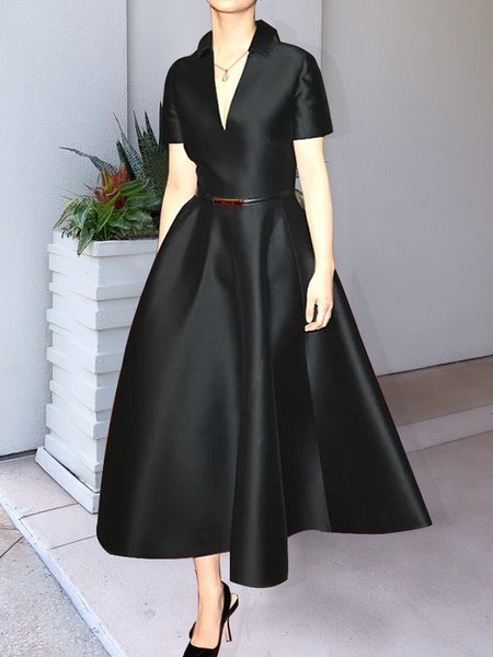 

Regular Fit Plain Elegant V neck Short Sleeve Maxi Dress With No Belt, Black, Maxi Dresses