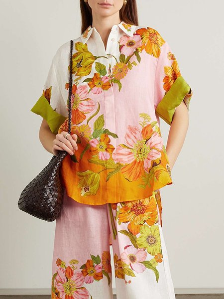 

Shirt Collar Floral Casual Loose Blouse, As picture, Blouses and Shirts