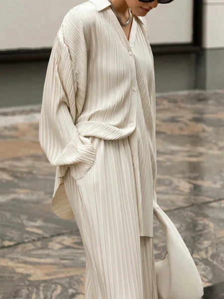 

Shirt Collar Urban Plain Pleated Loose Blouse, Off white, Blouses and Shirts