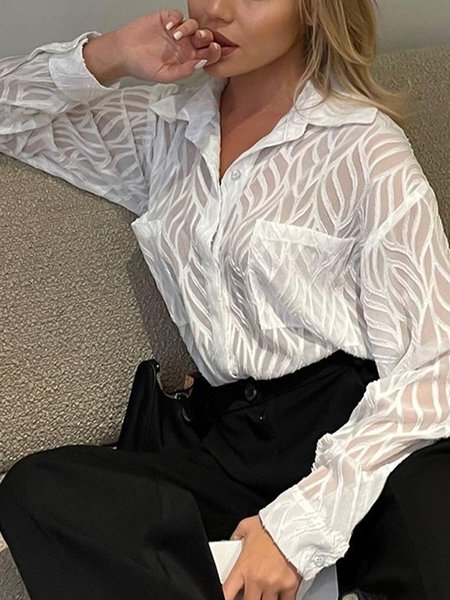 

Urban Plain Shirt Collar Pockets Loose Blouse, White, Blouses and Shirts