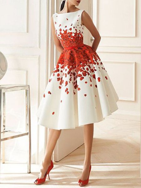 

Boat Neck Elegant Floral Sleeveless Dress, White-red, Midi Dresses