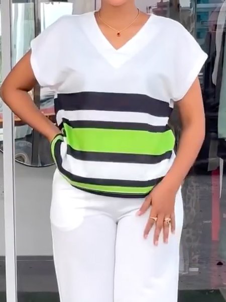 

Color Block Casual Loose Short Sleeve Shirt, As picture, Blouses and Shirts