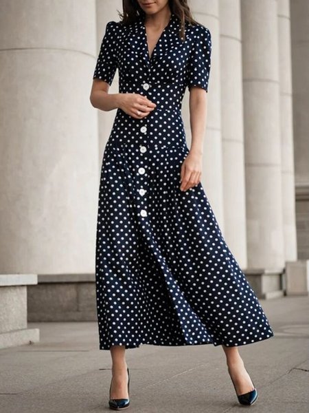 

Elegant Regular Fit V Neck Buttoned Polka Dots Dress, Black, Maxi Dresses