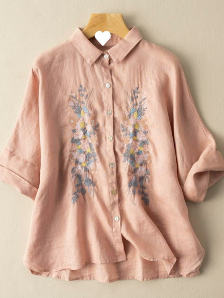 

Embroidery Patterns Vacation Shirt Collar Blouse, Pink, Blouses & Shirts