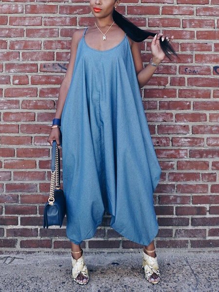 

Plain Loose Casual Sleeveless Denim Bib Pants, Denim blue, Jumpsuits