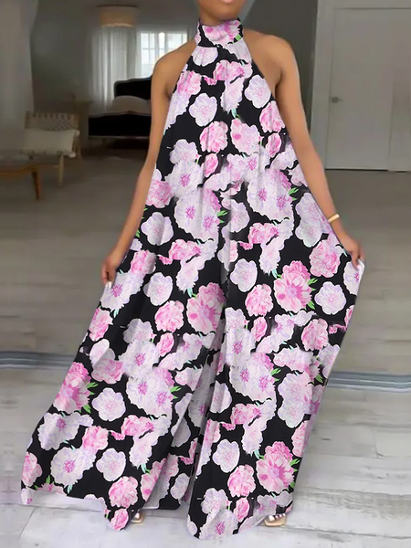 

Floral Stand Collar Sleeveless Vacation Loose Jumpsuit, As picture, Jumpsuits