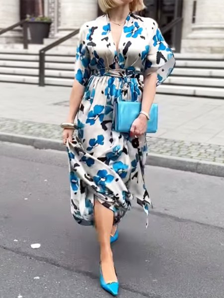 

Vacation Satin Floral V Neck Dress With Belt, Blue, Maxi Dresses