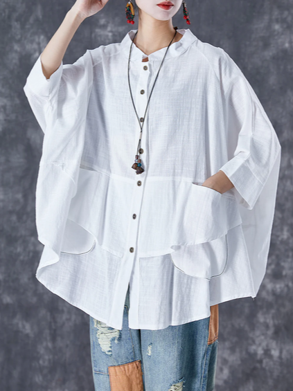

Plain Casual Stand Collar Linen Stlye Blouse, White, Blouses & Shirts