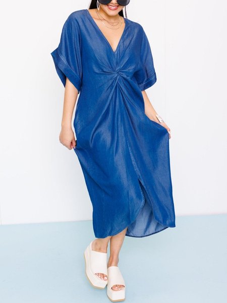 

Casual V Neck Loose Half Sleeve Denim Dress, Blue, Maxi Dresses