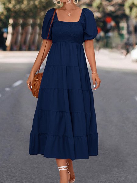

Women Plain Square Neck Short Sleeve Comfy Casual Maxi Dress, Purplish blue, Dresses