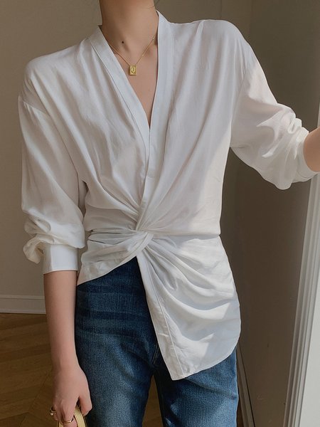 

Long Sleeve Plain Casual V Neck Blouse, White, Blouses and Shirts