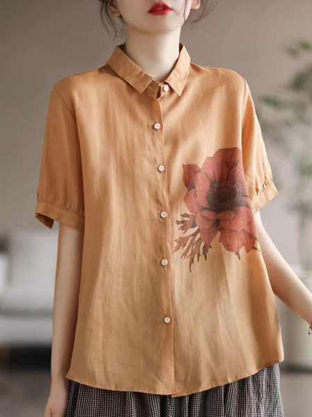 

Floral Simple Cotton-Blend Blouse, Orange, Blouses & Shirts