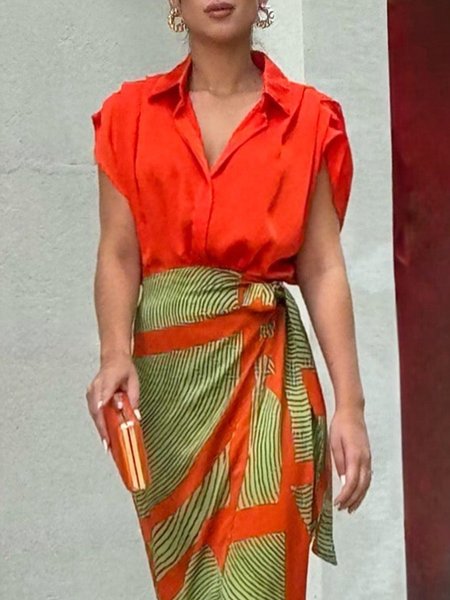 

Shirt Collar Loose Plain Urban Blouse, Orange, Blouses and Shirts