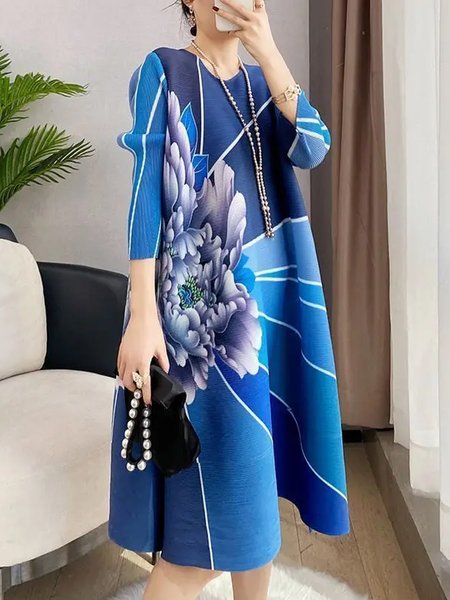 

Floral Crew Neck Loose Vacation Midi Dress, Blue, Midi Dresses