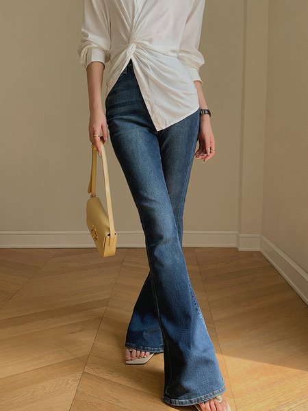 

Plain Regular Fit Casual Pocket Stitching Jeans, Blue, Jeans