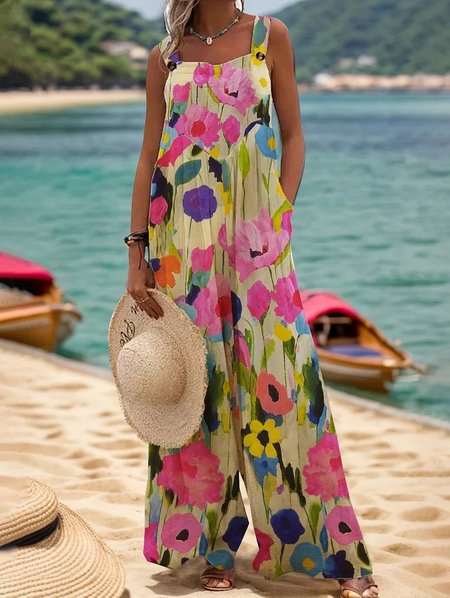 

Loose Square Neck Vacation Floral Bib Pants, Multicolor, Jumpsuits＆Rompers