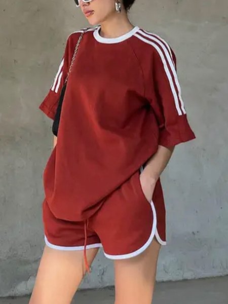 

Crew Neck Color Block Loose Casual T-Shirt, Red, Tees