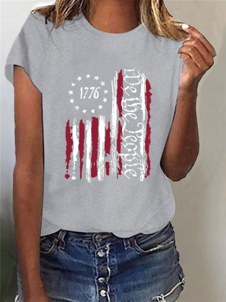 

Cotton America Flag Crew Neck Casual T-Shirt, Gray, T-shirts