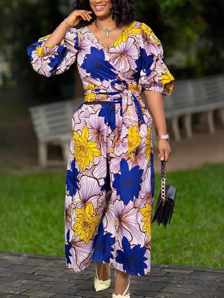 

Loose Vacation Floral Cross Neck Jumpsuit, As picture, Jumpsuits