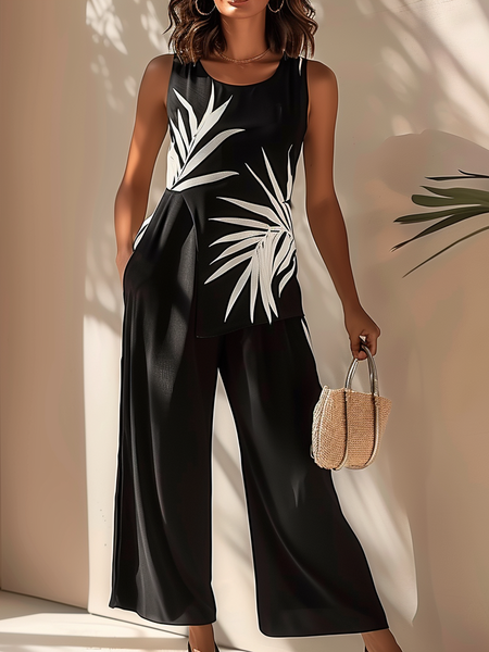 Leaf Elegant Regular Fit Crew Neck Jumpsuit, Black, Jumpsuits＆Rompers